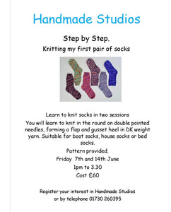 Step by step knit yourself socks, £10 deposit.
