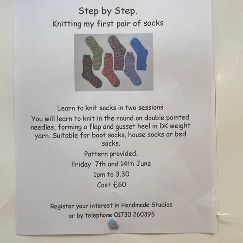 Step by step knit yourself socks, £10 deposit.